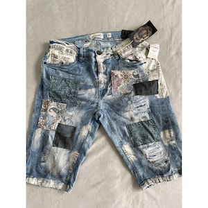 Pantalones cortos vaqueros desgastados estilo VTG FWRD para hombre, con parches personalizados de Angelina Vanelli, talla 32, estilo grunge