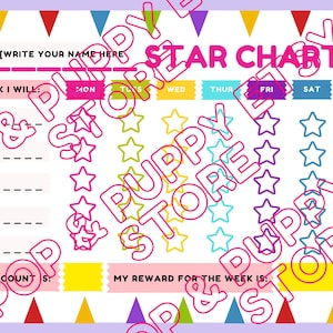 Puede incluir: Un colorido gráfico de estrellas con el texto "STAR CHART" en rosa. Incluye espacios para escribir un nombre, objetivos semanales y realizar un seguimiento de las estrellas. El gráfico está decorado con estrellas y banderines.