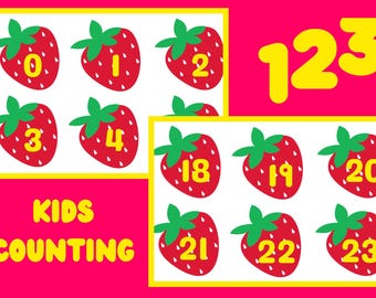 Conteo de fresas para niños / Números del 0 al 30 / Imprimible / Recortar las fresas / Actividad matemática para preescolar y jardín de infantes / Descarga digital