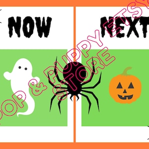 Op de afbeelding: Een printbare Halloween-activiteit voor kinderen. De afbeelding toont twee vakjes met de woorden "NU" en "VOLGENDE" erop. Het vakje met het label "NU" heeft een spook en het vakje met het label "VOLGENDE" heeft een spin en een pompoen.
