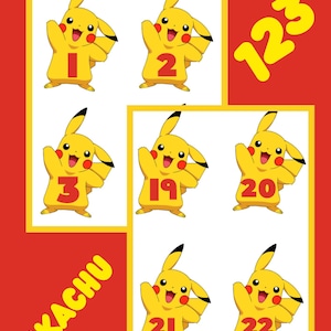 Puede incluir: Un personaje amarillo de Pikachu con un número rojo 1 en su pecho. El personaje se repite con los números 2, 3, 19, 20, 21 y 22. Los números 1, 2 y 3 son más grandes y se encuentran en la esquina superior derecha de la imagen. El texto "PIKACHU" está en la esquina inferior izquierda de la imagen.