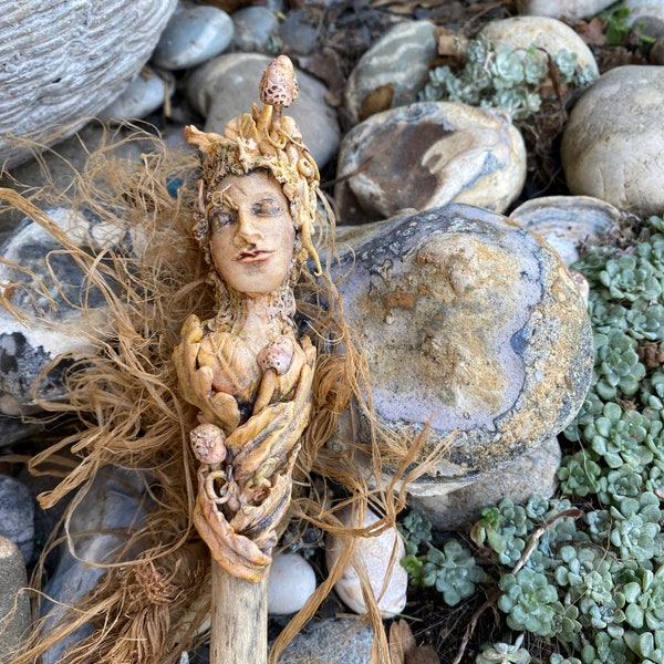 Goddess wand with mushroom crown woodland nymph talking stick