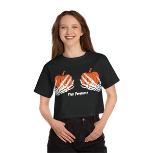 Halloween Fall Party Costume Nice Pumpkins Pun Skull Hands Adult Champion Women&#39;s Heritage Cropped T-Shirt