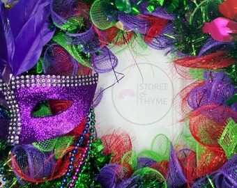 MARDI-PARTY, Mardi Gras Wreath, Party Wreath, Wreath for Front door, Glitter Wreath Bow, Celebration, Tinsel Garland Wreath, Birthday Wreath