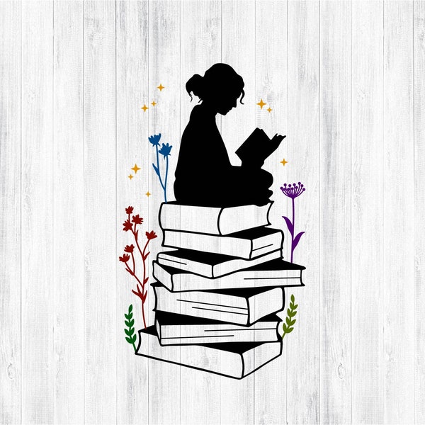 Girl Reading SVG PNG for Scrapbook Cricut and Silhouette, Girl Book Lover Svg, Books File Cut, Reading Books Svg