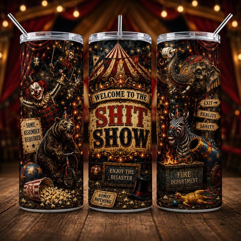 May include: A cylindrical tumbler with a metal straw featuring a dark circus theme. The design includes a clown, a bear on a bicycle, an elephant, a zebra, and text reading "WELCOME TO THE SHIT SHOW," "SOME ASSEMBLY REQUIRED," "ENJOY THE DISASTER," and "ADMIT NOTHING."