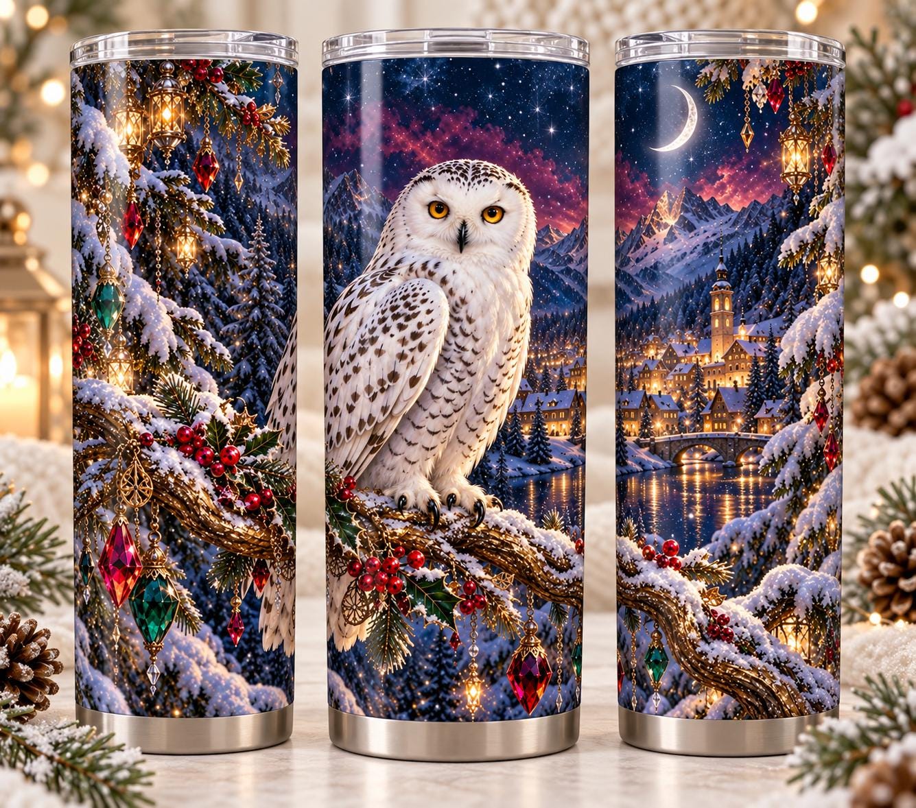 Snowy Owl Christmas 20 oz Tumbler Wrap PNG | Jeweled Winter Village | Digital Download