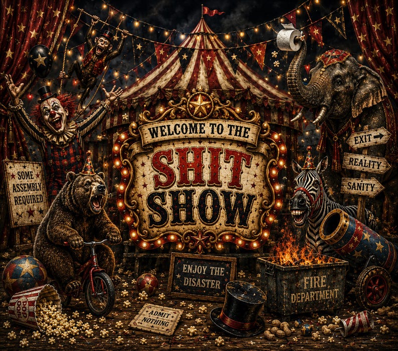 May include: A dark circus-themed illustration featuring a central sign reading WELCOME TO THE SHIT SHOW, surrounded by a clown, a bear on a bicycle, an elephant holding toilet paper, and a zebra, with signs saying SOME ASSEMBLY REQUIRED and ADMIT NOTHING.