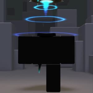 Puede incluir: Una figura digital negra y de forma c&uacute;bica se encuentra en un entorno gris. Sobre la figura, un objeto circular emite una luz azul brillante que proyecta tres anillos azules conc&eacute;ntricos y luminosos hacia la cabeza y los hombros.