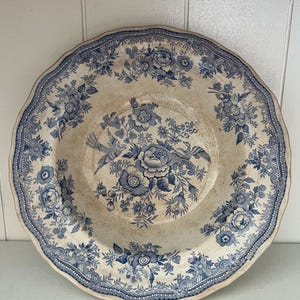 May include: A round ceramic plate with a scalloped edge, featuring a cream-colored base and a blue transferware pattern. The design includes central floral arrangements with birds, surrounded by a decorative border of flowers and foliage.