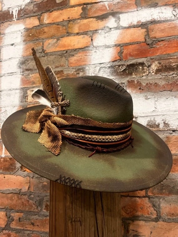 Green & Brown Vintage Inspired Distressed Band Rustic Western Fedora Hat Rustic Star Concho Belt Accent Faux Leather Band Western  main image 2