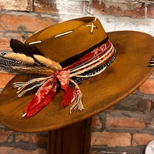 Classy cowgirl Custom burned hat, boater hat, pork pie, bolero distressed rancher hat