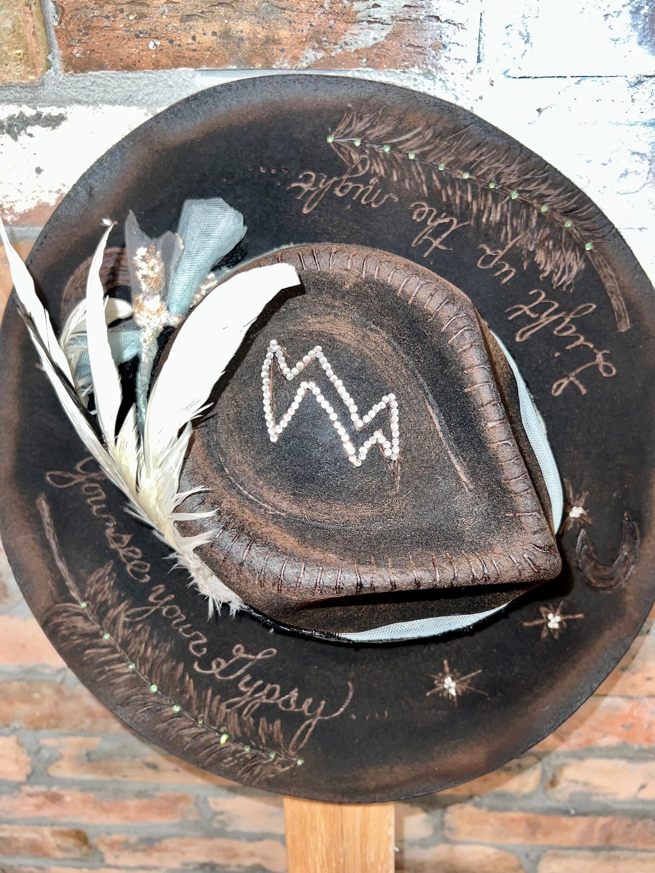 GYPSY Custom Upcycled Burned Distressed Open Crown Hat Size 7 Create a Custom Burned Cowboy Style Hat - (The Swoop  main image 2