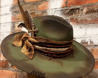 Green with Envy  Custom Burned Rancher Hat, western wide brim cowboy hat