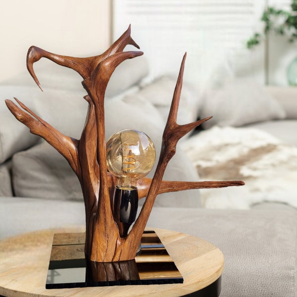 Lampe de créateur en bois flotté réalisée à la main, lampe en chêne massif, ampoule vintage à filament et support acrylique. Lampe de bureau