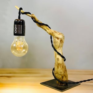 Lampe de créateur en bois flotté réalisée à la main, avec ampoule vintage. En pin maritime.