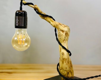 Handgefertigte Designerlampe aus Treibholz mit Vintage-Glühbirne. Aus Seekiefer.