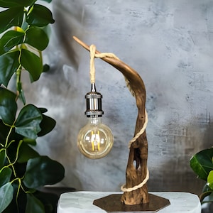 Handmade designer lamp, solid oak, vintage connected bulb and steel stand