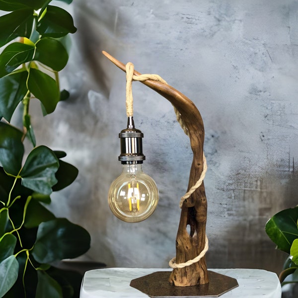 Lampe de créateur en bois flotté réalisée à la main, lampe en chêne massif, ampoule vintage connectée à filament et support acier