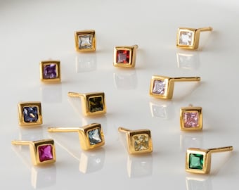 Dainty Birthstone Stud Earrings – 18k Gold Vermeil or Sterling Silver | Square Hypoallergenic Waterproof Earrings, Minimalist Gift Jewelry