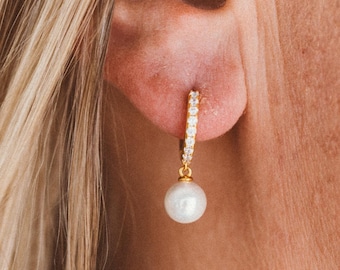 Pavé Pearl Huggie Hoop Earrings, 18K Gold Vermeil or Sterling Silver, Waterproof Everyday Jewelry
