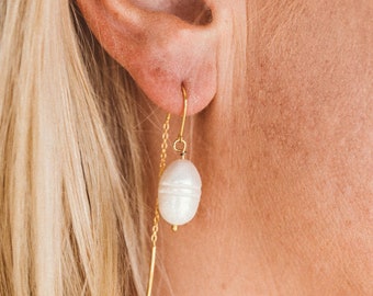 Thread Through Pearl Earrings, 18K Gold Pearl Threader, Dainty Chain Drop Jewelry