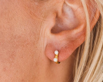 Double Pearl Huggie Hoop Earrings – 18k Gold Vermeil or Sterling Silver, Hypoallergenic, Waterproof & Tarnish-Resistant Dainty Jewelry