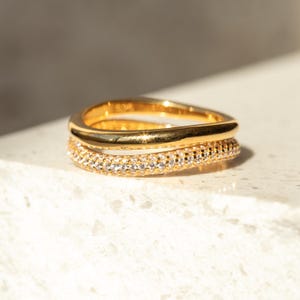 Double Pave Stacking Ring Set • White CZ Diamonds & Solid Band • 18K Gold Vermeil or Vermeil Rhodium • Minimalist Waterproof Jewelry