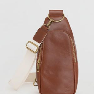 Crossbody Sling Purse: Genuine Leather Sling Bag with Guitar Strap Dark Brown | Brass