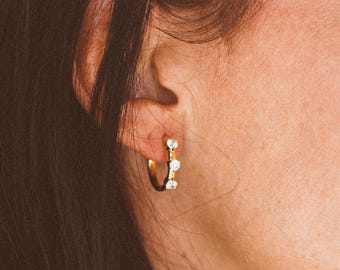 Dainty Triple CZ Hoop Earrings, Clear Cubic Zirconia, Gold or Silver Minimalist Accessories