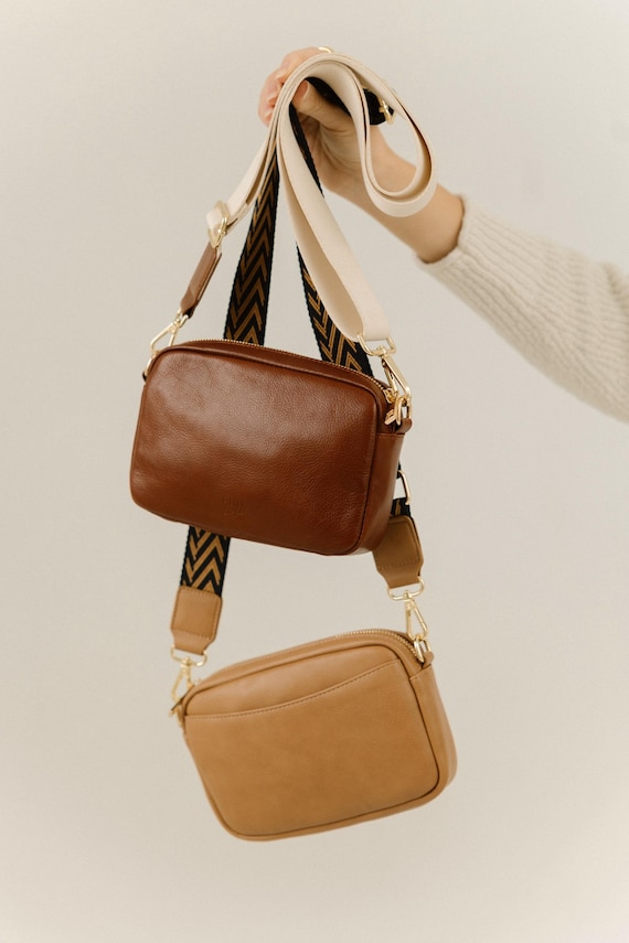 Crossbody Leather Bag: Genuine Leather, Interchangeable Straps
