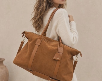 Overnight Duffle Bag for Women, Microsuede Weekender Carry-On with Trolley Sleeve