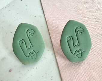 Vintage Green Polymer Clay Abstract Face Earrings