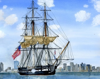 Large 18x12 Watercolor of the USS Constitution in Boston Harbor