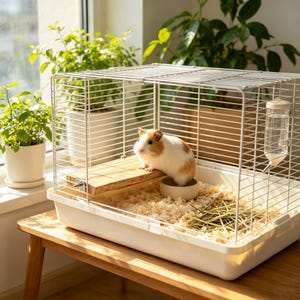 May include: A white wire cage containing a brown and white guinea pig standing on a small wooden platform. The cage includes a white plastic base filled with wood shavings, a small beige bowl, a clear water bottle, and scattered green hay.