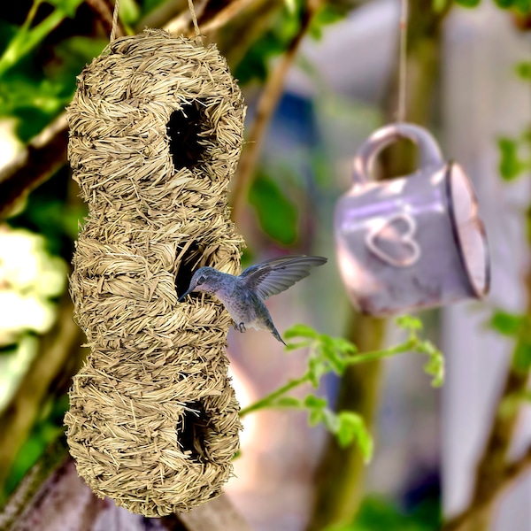 Nid de colibri en herbe sèche, Nid de colibri à trois trous, Nid de colibri tissé à la main, Cabane pour colibri