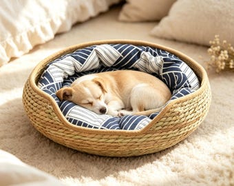 Cama de palha trançada à mão para animais de estimação, cama redonda de vime para gatos, cama para cães com almofada removível, ninho refrescante de verão para animais de estimação, cama para gatos dormirem em ambientes internos.