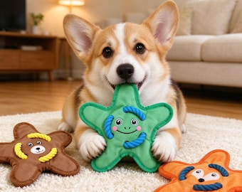Stervormig hondentouwspeeltje, duurzaam, bijtbestendig kauwspeeltje voor huisdieren, schattig puppyspeeltje met dierengezichtje, interactief piepspeeltje voor kleine en middelgrote honden