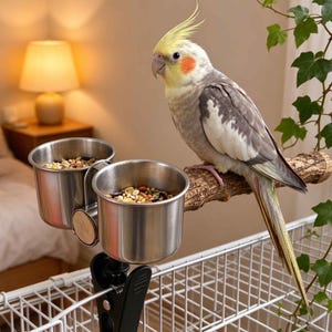 May include: A cockatiel with grey, white, and yellow feathers and orange cheek patches perched on a wooden branch attached to a black clamp. Two stainless steel cups filled with mixed bird seeds are mounted to the branch for feeding.