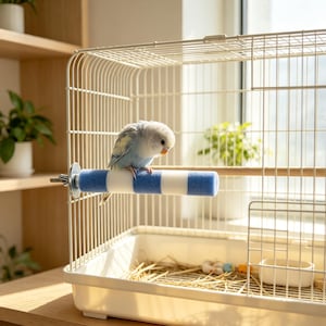 May include: A small light blue and white parakeet perched on a blue and white striped cylindrical perch inside a white wire bird cage. The cage features a white plastic base with scattered straw and a small white food dish in the corner.