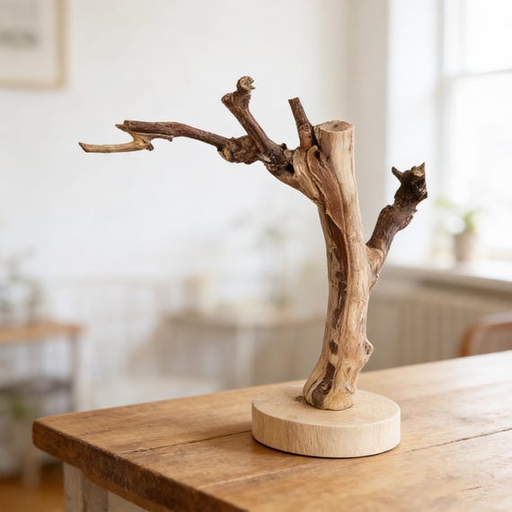 Handmade Wooden Bird Stand, Driftwood Parrot Perch, Tabletop Bird