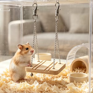 May include: A small brown and white hamster stands next to a light-colored wooden swing suspended by two silver metal chains with swivel clips. The swing features three horizontal grooves on its surface and a small silver bell hanging below.
