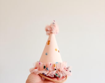 Handmade Ruffle Birthday Party Hat with Pom-Pom Sparkly tulle confetti