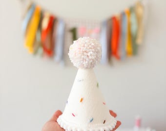 Linen Birthday Party Hat: Embroidered Sprinkles, Pom Pom Cake Smash Headwear