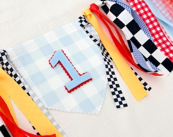 Racing, Car , Race care theme high chair banner, First Birthday Decor, Colorful First Birthday blue gingham boy banner