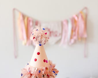 Handmade Ruffle Birthday Party Hat with Pom-Pom Sparkly tulle confetti