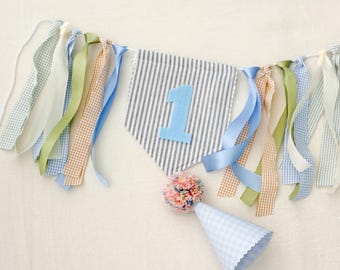 Blue stripes Earth tone Linen high chair banner
