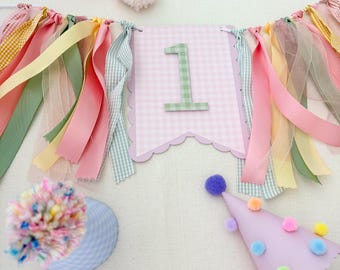 Gingham Cardstock First Birthday High Chair Banner, Pastel Earth Tones, Sage Green Cream Pink, Girls Fun to be One theme