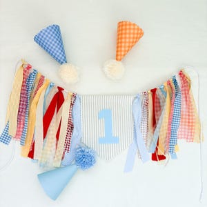 Tan Linen fabric Custom “ONE" High Chair Banner, Gingham Ribbon Garland, gingham blue earth tones primary colors First Birthday Decor image 1