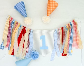 Tan Linen fabric Custom “ONE" High Chair Banner, Gingham Ribbon Garland, gingham blue earth tones primary colors First Birthday Decor
